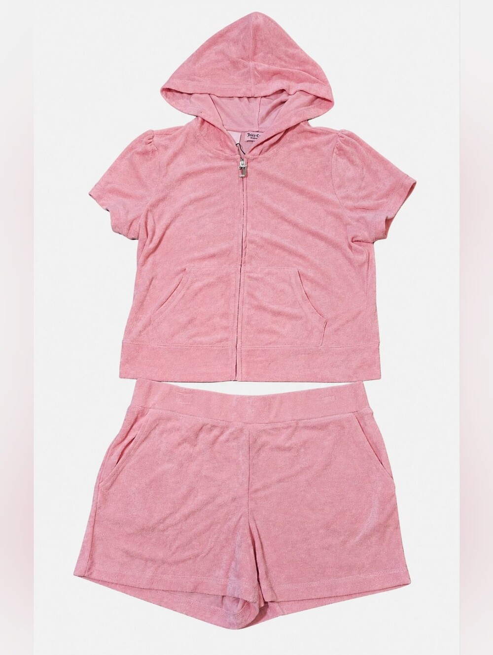 NWT Juicy Couture Women’s Pink Terry Short Sleeve Hoodie & Shorts Set L